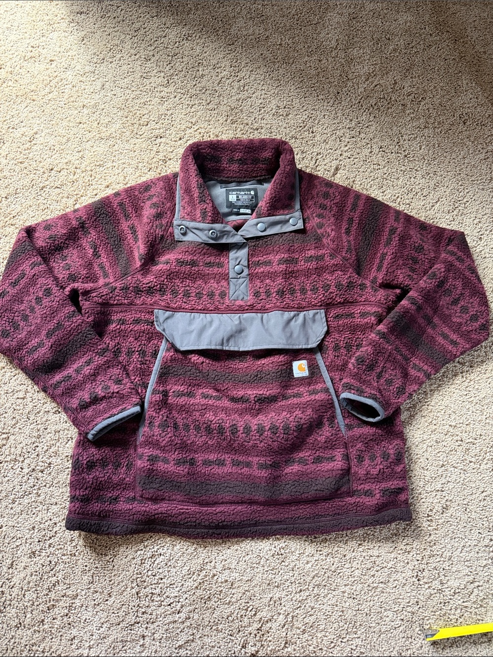 Carhartt Maroon Patterned Sherpa Pullover with Gray Trim
